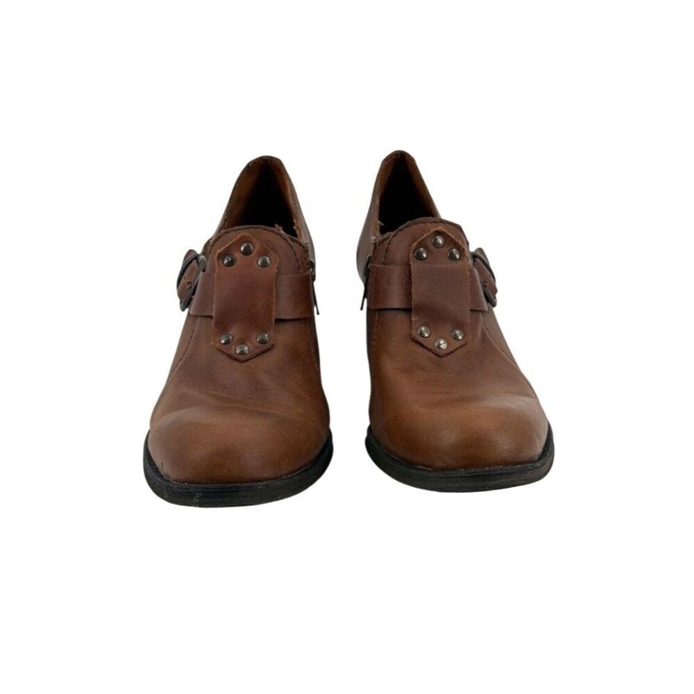 Born Womens 8.5 Leather Stacked Heel Ankle Boots Brown Buckle Strap Boho Western - Picture 4 of 8